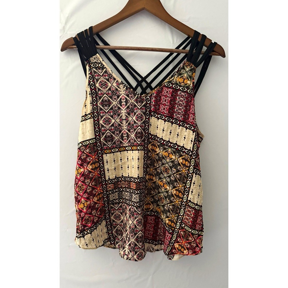 by & by Women's Multicolor Geometric V-Neck Strappy Back Rayon Tank Top M